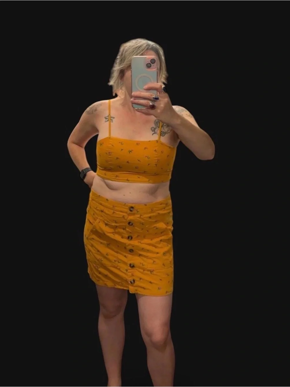💐American Eagle Mustard Floral Corduroy Matching Set Crop Top Mini Skirt S Y2K
